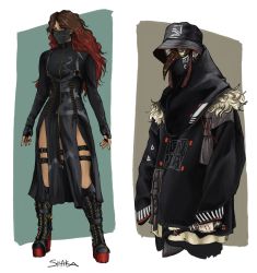 Rule 34 | 1girl, 1other, adapted costume, alternate costume, ambiguous gender, apex legends, axe, black footwear, black headwear, black jacket, bloodhound (apex legends), boots, brown hair, bucket hat, commentary, english commentary, fashion, fingerless gloves, fur trim, gloves, gradient hair, hat, highres, holding, holding axe, jacket, loba (apex legends), mask, mouth mask, multicolored hair, platform boots, platform footwear, raven&#039;s bite, red hair, road warrior bloodhound, shaka (shenketsu), sleeves past fingers, sleeves past wrists, thigh strap