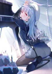 Rule 34 | 1girl, arms up, ass, beret, black footwear, black jacket, black pantyhose, blue hair, blue skirt, braid, breasts, cake, commentary request, food, hat, highres, instrument, jacket, layer cake, long hair, medium breasts, miwano rag, mouth hold, open clothes, open jacket, original, pantyhose, piano, pink eyes, shirt, shoe soles, shoes, sitting, skirt, solo, very long hair, wariza, white hat, white shirt