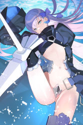Rule 34 | 1girl, armored boots, black jacket, blue eyes, blue ribbon, blush, boots, breasts, cropped jacket, crotch plate, fate/extra, fate/extra ccc, fate (series), hair ribbon, hareno chiame, highres, jacket, long hair, long sleeves, looking at viewer, meltryllis (fate), navel, prosthesis, prosthetic leg, purple hair, ribbon, sleeves past fingers, sleeves past wrists, small breasts, solo, very long hair