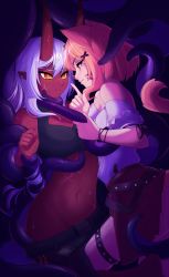 Rule 34 | 2girls, absurdres, akumi (yoclesh), animal ears, astronowo, blonde hair, cat ears, cat girl, cat tail, colored skin, facial mark, grin, highres, horns, imminent penetration, indie virtual youtuber, long hair, multiple girls, oni, orange eyes, pink eyes, red skin, scar, scar on arm, scar on chest, scar on face, short hair, shyrei faolan, skirt, smile, tail, tentacles, thigh strap, undressing another, white hiar, yuri