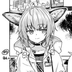 Rule 34 | 1girl, ahoge, animal ears, arknights, building, choker, city, cropped, gou (double trigger), greyscale, hood, id card, jacket, medium hair, monochrome, open clothes, open jacket, signature, smile, solo, sussurro (arknights), twitter username, upper body