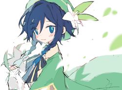 Rule 34 | 1boy, blue bow, blue eyes, blue hair, blush, bow, bowtie, braid, cape, collared cape, commentary, english commentary, floating cape, flower, genshin impact, green cape, green hat, hair between eyes, hat, hat flower, holding, holding flower, long sleeves, male focus, melanbread, shirt, sketch, smile, solo, striped, striped bow, twin braids, upper body, venti (genshin impact), white background, white shirt
