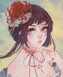 Rule 34 | 1girl, bare shoulders, blue eyes, blunt bangs, choker, closed mouth, eyelashes, facial mark, flower, flower-shaped pupils, forehead mark, fuwaffy, hair flower, hair ornament, hair ribbon, highres, lips, long hair, looking at viewer, mu dan, nose, original, purple hair, red choker, red flower, red ribbon, ribbon, ribbon choker, solo, spider lily, string choker, symbol-shaped pupils, tattoo, unfinished, upper body, yellow choker