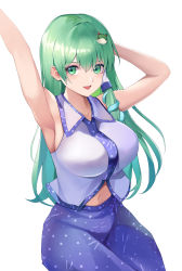 Rule 34 | 1girl, absurdres, arm up, armpits, blue skirt, blush, breasts, frog hair ornament, green eyes, green hair, hair between eyes, hair ornament, highres, japanese clothes, kochiya sanae, koizumo, large breasts, long hair, navel, nontraditional miko, open mouth, simple background, skirt, snake hair ornament, solo, touhou, white background