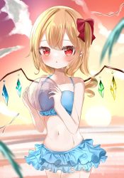 Rule 34 | 1girl, :o, backlighting, ball, bare arms, bare shoulders, beachball, bikini, blonde hair, blue bikini, blush, bow, cloud, collarbone, cowboy shot, crystal, flandre scarlet, frilled bikini, frills, hair between eyes, hair bow, highres, holding, holding ball, horizon, long hair, looking at viewer, navel, no headwear, okome2028, outdoors, pointy ears, red bow, red eyes, sky, solo, standing, sunset, swimsuit, touhou, water, wings