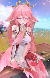Rule 34 | 1girl, absurdres, bare shoulders, blue sky, breasts, cloud, earrings, fins, genshin impact, hair ornament, highres, japanese clothes, jewelry, large breasts, mermaid, monster girl, monsterification, nontraditional miko, petals, pink hair, pink nails, sitting, sky, webbed hands, yae miko, zephylyne