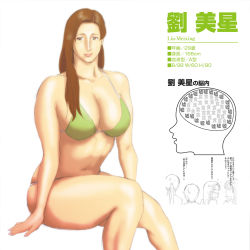 Rule 34 | 4girls, bikini, breasts, brown eyes, brown hair, character name, commentary, curvy, eyeshadow, green bikini, highres, large breasts, lips, lipstick, liu mei-xing, long hair, makeup, mature female, measurements, mole, monochrome, multiple girls, nappii (nappy happy), navel, original, shiny skin, simple background, sitting, solo focus, swimsuit, thick thighs, thighs, translation request, white background