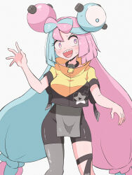 Rule 34 | 1girl, asymmetrical legwear, bike shorts, blue hair, blush, character hair ornament, commentary request, creatures (company), cropped jacket, eyelashes, game freak, grey shirt, hair ornament, hand up, highres, iono (pokemon), jacket, kurachi mizuki, long hair, multicolored hair, nintendo, open mouth, pink eyes, pink hair, pokemon, pokemon sv, sharp teeth, shirt, short sleeves, simple background, single leg pantyhose, smile, solo, star (symbol), star print, sweat, teeth, thigh strap, thighs, tongue, twintails, two-tone hair, upper teeth only, very long hair, white background, yellow jacket