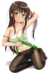 Rule 34 | 1girl, :q, arm behind head, arm up, bare arms, bare shoulders, blush, breasts, brown hair, brown pantyhose, cleavage, closed mouth, clothes lift, collarbone, commentary request, dress, dress lift, full body, gochuumon wa usagi desu ka?, green dress, green eyes, highres, large breasts, lifted by self, long hair, looking at viewer, navel, niiya, no shoes, pantyhose, shadow, sleeveless, sleeveless dress, smile, solo, strap slip, thighband pantyhose, tongue, tongue out, ujimatsu chiya, very long hair, white background