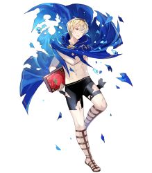 Rule 34 | 1boy, abs, blonde hair, book, cape, fire emblem, fire emblem fates, fire emblem heroes, full body, gloves, hairband, highres, injury, kotetsu (popeethe), leo (fire emblem), leo (summer) (fire emblem), male focus, navel, nintendo, official art, one eye closed, red eyes, sandals, short hair, solo, swimsuit, teeth, tomato, topless male, torn clothes, transparent background, water