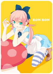 Rule 34 | 1boy, :p, alice (alice in wonderland), alice (alice in wonderland) (cosplay), alice in wonderland, apron, asymmetrical legwear, checkerboard cookie, cookie, cosplay, crossdressing, dress, food, full body, green eyes, hair ornament, hair ribbon, hatomecco, inazuma eleven, inazuma eleven (series), inazuma eleven go, kirino ranmaru, long hair, male focus, mismatched legwear, mushroom, pink hair, ribbon, shoes, solo, striped clothes, striped thighhighs, thighhighs, tongue, tongue out, trap, twintails
