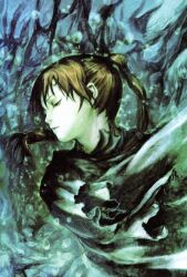 1girl abe_yoshitoshi absurdres brown_eyes brown_hair expressionless highres long_hair official_art pale_skin parted_lips rags ran_(texhnolyze) scan solo texhnolyze twintails upper_body