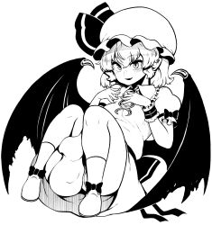 Rule 34 | 1girl, :d, bat wings, duplicate, fang, greyscale, hands up, hat, hat ribbon, highres, himajin noizu, knees up, looking at viewer, mob cap, monochrome, open mouth, pixel-perfect duplicate, remilia scarlet, ribbon, short sleeves, slit pupils, smile, socks, solo, touhou, wings