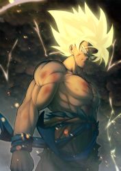 Rule 34 | 1boy, abs, aqua eyes, arm at side, blonde hair, blood, blood from mouth, blood on face, blurry, blurry foreground, bokeh, bruise, clenched hand, clothes lift, cloud, cloudy sky, dark clouds, dark sky, depth of field, dougi, dragon ball, dragonball z, electricity, frown, glowing, glowing hair, highres, injury, lightning, lightning bolt symbol, looking away, male focus, manly, mattari illust, muscular, outdoors, pectorals, serious, shaded face, shirt, sky, solo, son goku, standing, super saiyan, super saiyan 1, topless male, torn clothes, torn shirt, twitter username, upper body, wind, wind lift