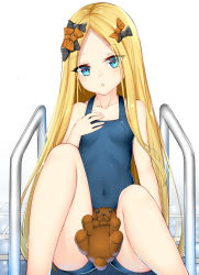 Rule 34 | 1girl, :o, abigail williams (fate), alternate costume, bare arms, bare shoulders, black bow, blonde hair, blue eyes, bow, breasts, chixiao, closed eyes, collarbone, commentary request, covered navel, fate/grand order, fate (series), forehead, hair bow, hand on own chest, hand up, head tilt, highres, long hair, looking at viewer, one-piece swimsuit, orange bow, parted bangs, parted lips, poolside, school swimsuit, sitting, small breasts, solo, stuffed animal, stuffed toy, swimsuit, teddy bear, tile floor, tiles, very long hair, wet, white background
