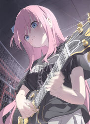 Rule 34 | 1girl, applepie (12711019), black shirt, blue eyes, bocchi the rock!, closed mouth, cube hair ornament, electric guitar, gotoh hitori, guitar, hair ornament, highres, holding, holding instrument, instrument, long hair, motion blur, pink hair, shirt, short sleeves, solo