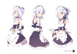 Rule 34 | 1girl, ;), apple, apron, apron hold, arm up, armpits, azur lane, bad id, bad pixiv id, basket, belfast (azur lane), black dress, braid, child, choker, collarbone, commentary request, dress, elbow gloves, fish, flat chest, food, french braid, fruit, gloves, hand in own hair, highres, holding, holding basket, little bel (azur lane), long hair, looking at viewer, looking back, maid, maid headdress, multiple views, one eye closed, one side up, purple choker, purple eyes, purple ribbon, ribbon, ribbon choker, silver hair, simple background, sleeveless, sleeveless dress, smile, sparkle, spring onion, twitter username, underbust, unimon e, white apron, white background, white gloves