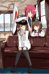 Rule 34 | 3girls, admiral (kancolle), admiral (kancolle) (cosplay), aiguillette, bandage on face, bandages, bandaid, bandaid on face, bandaid on nose, black legwear, blush, brown eyes, brown hair, camouflage, cosplay, couch, digital camouflage, dress, female admiral (kancolle), female admiral (kancolle) (cosplay), flag, hands on own knees, hat, headgear, highres, japan maritime self-defense force, japan self-defense force, japanese flag, kantai collection, knees together feet apart, military, military uniform, multiple girls, naval uniform, oshiru (sealeu), pantyhose, peaked cap, pink hair, sailor collar, sailor dress, short hair, smile, taihou (kancolle), uniform, yukikaze (kancolle)