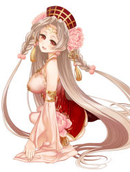 Rule 34 | 1girl, ass, braid, breasts, brown hair, china dress, chinese clothes, dress, earrings, flower, flower earrings, hat, jewelry, large breasts, long hair, no panties, red eyes, sengoku collection, sitting, solo, takanashi, takeda shingen (sengoku collection), twin braids, very long hair