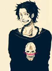 Rule 34 | 1boy, freckles, jewelry, jolly roger, male focus, monochrome, necklace, one piece, portgas d. ace, smile, solo