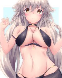 Rule 34 | 1girl, ahoge, arm garter, bare shoulders, blue background, blush, border, braid, breasts, cleavage, collarbone, commentary request, fate/grand order, fate (series), hair between eyes, heroic spirit chaldea park outfit, highres, jeanne d&#039;arc (fate), jeanne d&#039;arc alter (fate), jeanne d&#039;arc alter (festival outfit) (fate), jewelry, large breasts, long hair, looking at viewer, navel, necklace, o-ring, o-ring bottom, official alternate costume, sarong, silver hair, simple background, solo, thighs, very long hair, white border, yellow eyes, yuuki shuri