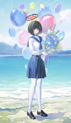 Rule 34 | 1girl, alternate hair length, alternate hairstyle, balloon, black footwear, black hair, black halo, blue archive, blue neckerchief, blue skirt, bouquet, closed mouth, cloud, echj, fingernails, flower, hair between eyes, hair ornament, hairclip, halo, highres, holding, holding bouquet, mountain, nail polish, neckerchief, outdoors, pale skin, pantyhose, purple nails, red eyes, rio (blue archive), shadow, shirt, short hair, skirt, sky, smile, solo, water, white pantyhose, white shirt
