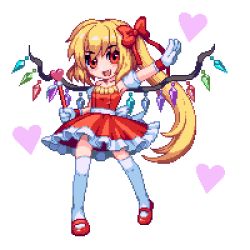 Rule 34 | 1girl, bad id, bad pixiv id, blonde hair, female focus, flandre scarlet, full body, long hair, lowres, mary janes, pedoroiya, pixel art, ponytail, red eyes, red footwear, shoes, side ponytail, simple background, solo, standing, thighhighs, touhou, white background, wings