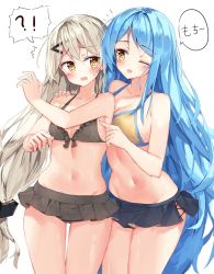 Rule 34 | !?, 2girls, ;d, ^^^, alternate costume, bare arms, bare shoulders, bikini, bikini skirt, black bikini, blue hair, blush, breasts, brown eyes, cleavage, collarbone, commentary request, eye contact, girls&#039; frontline, hair between eyes, hair ornament, hairclip, hand on another&#039;s shoulder, hand up, highres, light brown hair, long hair, looking at another, low-tied long hair, m249 saw (arctic fox) (girls&#039; frontline), m249 saw (girls&#039; frontline), medium breasts, mg4 (girls&#039; frontline), multiple girls, navel, official alternate costume, one eye closed, open mouth, poking, simple background, small breasts, smile, spoken interrobang, standing, sweat, swimsuit, tandohark, thigh gap, translation request, very long hair, white background, yellow bikini, yuri