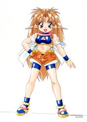 Rule 34 | 1990s (style), 1girl, bike shorts, brown eyes, chip-chan kick!, cleavage cutout, clothing cutout, copyright name, copyright notice, full body, highres, light brown hair, long hair, looking at viewer, moran marciano, navel, official art, open mouth, pointy ears, retro artstyle, simple background, solo, standing, suspenders, very long hair, white background, yanagi hirohiko