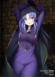 Rule 34 | 1girl, arms up, artist name, blush, bound, bound wrists, breasts, cape, chain, collar, commission, cuffs, dress, dungeon, fate/stay night, fate (series), highres, long hair, medea (fate), medium breasts, open mouth, ornament, pointy ears, purple dress, purple eyes, purple hair, sheita, sidelocks, solo, stone wall, wall