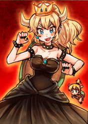 Rule 34 | 1girl, black dress, black nails, blonde hair, blue eyes, blush, bowsette, bowsette jr., bracelet, breasts, cleavage, collarbone, dress, earrings, horns, jewelry, kataro, large breasts, long hair, looking at viewer, mario (series), nail polish, new super mario bros. u deluxe, nintendo, pointy ears, ponytail, smile, solo, spiked bracelet, spikes, super crown, teeth, upper teeth only