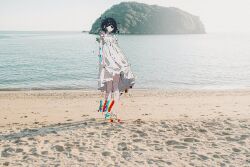 Rule 34 | 1girl, beach, black eyes, black hair, closed mouth, commentary request, day, dot mouth, dress, empty eyes, full body, glitch, highres, looking at viewer, mochu (aoishikabane), original, outdoors, photo background, sand, shore, short hair, short sleeves, solo, standing, water, white dress, wide shot