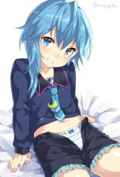 Rule 34 | 10s, 1girl, arm support, bed sheet, black serafuku, black shorts, blue bow, blue eyes, blue hair, blue necktie, bow, bow panties, collarbone, cowboy shot, crescent, eyebrows, flat chest, frilled shorts, frills, grin, hair between eyes, head tilt, kantai collection, leaning back, long sleeves, looking at viewer, matching hair/eyes, minazuki (kancolle), navel, necktie, open fly, panties, parted lips, school uniform, serafuku, shiny skin, short hair, short hair with long locks, shorts, simple background, sitting, smile, solo, stomach, striped clothes, striped panties, tareme, teeth, torimaru, twitter username, unbuttoned, underwear, white background