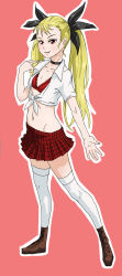 Rule 34 | 1girl, alternate costume, blonde hair, bra, brown footwear, casual, checkered clothes, checkered skirt, choker, cosplay, dance in the vampire bund, fangs, flat chest, hair ribbon, highres, jeanette voerman, jeanette voerman (cosplay), kiriririn, long hair, mina tepes, miniskirt, pointing, pointing at self, red background, red bra, red eyes, ribbon, shirt, simple background, skirt, solo, thighhighs, tied shirt, twintails, underwear, vampire, vampire: the masquerade - bloodlines, white thighhighs, zettai ryouiki