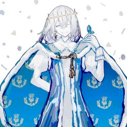 Rule 34 | 1boy, arm behind back, blue cloak, blue eyes, bug, butterfly, cloak, cowboy shot, crown, diamond hairband, fate/grand order, fate (series), fur-trimmed cloak, fur trim, grey hair, insect, insect on finger, long sleeves, male focus, medium hair, no wings, oberon (fate), one eye closed, provercrinolin, smile, solo, white background