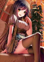 Rule 34 | 1girl, arm support, black hair, black thighhighs, brown eyes, building, couch, from side, highres, indoors, long hair, looking at viewer, original, shadow, short sleeves, sitting, skirt, skyscraper, smile, solo, thighhighs, touboku