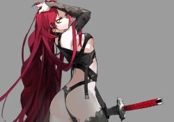 Rule 34 | 1girl, arm up, ass, back, belt, breasts, earrings, highres, holding, holding own hair, jewelry, lamian (pixiv415608), long hair, looking back, original, red hair, sideboob, solo, sword, thighhighs, thong, vambraces, very long hair, weapon, yellow eyes