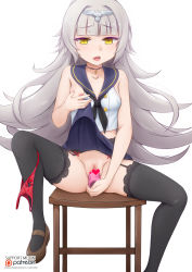 Rule 34 | 1girl, azur lane, bare arms, bare shoulders, black neckerchief, black thighhighs, blue sailor collar, blunt bangs, bow, bow panties, breasts, brown footwear, censored, clitoris piercing, clothes lift, collarbone, crop top, dildo, female masturbation, garter belt, grabbing own breast, grey hair, headpiece, heart, heart censor, highres, knee up, lace, lace-trimmed legwear, lace trim, lifted by self, long hair, looking at viewer, mary janes, masturbation, mole, mole under eye, neckerchief, nipple piercing, nipples, object insertion, on stool, open mouth, panties, panties around leg, piercing, pleated skirt, pubic tattoo, pussy, pussy juice, pussy juice puddle, pussy piercing, red panties, red skirt, resolution mismatch, round teeth, sailor collar, sex toy, shirt, shoes, simple background, sitting, skirt, skirt lift, sleeveless, sleeveless shirt, small breasts, solo, source larger, stool, tattoo, teeth, thighhighs, tongue piercing, underwear, upper teeth only, vaginal, vaginal object insertion, vahn yourdoom, very long hair, watermark, web address, white background, white shirt, yellow eyes, z46 (azur lane)
