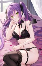 Rule 34 | 1girl, alternate costume, aria (ariacue), barbell piercing, bed sheet, black bra, black choker, black panties, black ribbon, black thighhighs, blush, bra, breasts, choker, collarbone, commentary, demon girl, demon tail, ear piercing, feet out of frame, green eyes, hair ribbon, highres, hololive, indoors, industrial piercing, lace, lace-trimmed thighhighs, lace bra, lace choker, lace panties, long hair, looking at viewer, medium breasts, navel, on bed, panties, parted lips, piercing, pillow, ribbon, smile, solo, spiked ear piercing, tail, tail ornament, tail piercing, thighhighs, tokoyami towa, twintails, underwear, underwear only, very long hair, virtual youtuber, window