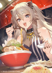 Rule 34 | 1girl, :d, ahoge, animal ears, bare shoulders, black shirt, blue eyes, bowl, breasts, chopsticks, cleavage, egg, food, hair between eyes, highres, holding, hololive, jewelry, lion ears, long hair, looking at viewer, medium breasts, necklace, noodles, open mouth, ramen, see-through, see-through cleavage, shirt, shishiro botan, shishiro botan (1st costume), silver hair, sleeveless, sleeveless shirt, smile, solo, sparkle, spoon, teffish, virtual youtuber