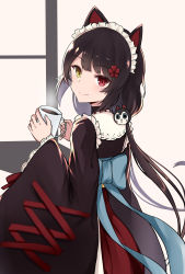 Rule 34 | 1girl, absurdres, animal ears, black hair, black kimono, brown eyes, closed mouth, commentary request, cup, dog ears, dog hair ornament, flower, from behind, hair flower, hair ornament, hakama, hakama skirt, heterochromia, highres, holding, holding cup, inui toko, japanese clothes, kimono, kirikan (cokekiri), long hair, long sleeves, looking at viewer, looking back, low twintails, maid, maid headdress, mug, nijisanji, obi, red eyes, red flower, red hakama, sash, skirt, smile, solo, twintails, very long hair, virtual youtuber, wa maid, wide sleeves