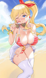Rule 34 | 1girl, ;), alternate costume, arm under breasts, bare arms, bare shoulders, beach, bead bracelet, beads, bikini, black choker, blonde hair, blue eyes, bow, bracelet, breasts, choker, cleavage, closed mouth, collarbone, commentary request, crossed bangs, day, earrings, feet out of frame, fingernails, fisheye, flower earrings, front-tie bikini top, front-tie top, genmon, hair bow, hand up, head tilt, heart, heart-shaped eyewear, heart pendant, high ponytail, highres, holding, holding removed eyewear, idolmaster, idolmaster cinderella girls, jewelry, large breasts, long fingernails, long hair, looking at viewer, miniskirt, nail polish, necklace, o-ring, o-ring bikini, o-ring choker, o-ring top, ocean, ohtsuki yui, one eye closed, outdoors, pendant, pink nails, ponytail, red-framed eyewear, red bikini, red bow, sidelocks, skirt, smile, solo, standing, string bikini, striped bikini, striped clothes, sunglasses, swimsuit, thighhighs, thighs, unworn eyewear, water, white skirt, white thighhighs, wide hips