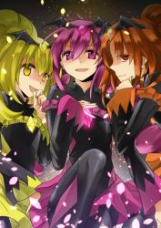 Rule 34 | 10s, 3girls, :d, bad end happy, bad end peace, bad end precure, bad end sunny, bat wings, black bodysuit, blonde hair, bodysuit, dark persona, earrings, evil smile, girl sandwich, glowing, hand on own chest, jewelry, leg up, multiple girls, open mouth, orange hair, pink eyes, pink hair, precure, red eyes, sandwiched, shaded face, smile, smile precure!, tiara, wings, yellow eyes, yuzucky