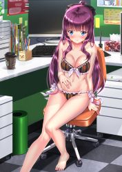 Rule 34 | 1girl, barefoot, bikini, blue eyes, blush, breasts, chair, cleavage, feet, highres, keyboard (computer), long hair, mole, mole on breast, monitor, navel, new game!, office chair, ponytail, purple hair, sitting, solo, swimsuit, swivel chair, swordsouls, takimoto hifumi, toes