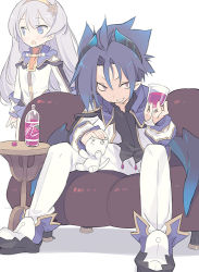 Rule 34 | 1boy, 1girl, black footwear, black shirt, blade (galaxist), blue eyes, blue hair, blue wings, blush, commentary request, couch, cup, cupping glass, demon boy, demon horns, demon wings, drinking glass, grape soda, grin, hair between eyes, horns, jacket, long hair, long sleeves, lucille aleister, on couch, open mouth, pants, pleated skirt, pointy ears, pop-up story, purple eyes, purple skirt, school uniform, shirt, shoes, silver hair, sitting, skirt, sleeves past wrists, smile, soda bottle, st. feles gakuen uniform, stuffed animal, stuffed cat, stuffed toy, table, very long hair, white background, white jacket, white pants, white shirt, wine glass, wings, ziz glover
