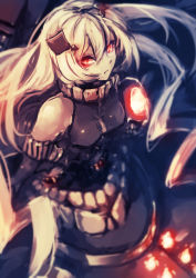 Rule 34 | 10s, 1girl, abyssal ship, anchorage oni, bare shoulders, black dress, black gloves, blurry, colored skin, depth of field, dress, elbow gloves, from above, genyaky, gloves, glowing, glowing eyes, hair ornament, highres, kantai collection, long hair, looking at viewer, machinery, pale skin, red eyes, solo, very long hair, white hair, white skin