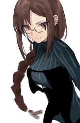 Rule 34 | 1girl, akamakoto, black dress, blue dress, blush, braid, braided ponytail, breasts, brown eyes, brown hair, center opening, dress, earrings, fate/grand order, fate (series), glasses, grey dress, jewelry, large breasts, layered dress, long hair, long sleeves, multiple earrings, ribbed dress, single braid, solo, very long hair, yu mei-ren (fate), yu mei-ren (first ascension) (fate)
