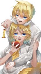 Rule 34 | apple, apple core, arm around shoulder, blonde hair, blue eyes, bow, brother and sister, collared dress, colored eyelashes, dress, evillious nendaiki, food, fruit, gretel (evillious nendaiki), hair between eyes, hair bow, hair ornament, hairclip, hand on another&#039;s arm, hand on another&#039;s stomach, hansel (evillious nendaiki), highres, holding, holding food, holding fruit, hug, hug from behind, imminent bite, kagamine len, kagamine rin, kei (3o4xxwcc5nksquy), long sleeves, neckerchief, okizari tsukiyosyou (vocaloid), open mouth, red apple, shirt, short ponytail, short sleeves, siblings, smile, swept bangs, twins, vocaloid, white bow, white dress, white shirt, yellow neckerchief