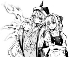 Rule 34 | 2girls, apron, bad id, bad pixiv id, closed mouth, crossed arms, greyscale, hand fan, hat, kirisame marisa, long hair, looking at viewer, matara okina, monochrome, multiple girls, no headwear, puffy short sleeves, puffy sleeves, sameya, short sleeves, simple background, skirt, smile, tabard, touhou, upper body, vest, waist apron, white background