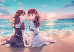 Rule 34 | 2girls, arm support, barefoot, beach, belt, black belt, black bow, black sailor collar, black skirt, blue sky, bow, brown hair, feet, foot out of frame, from behind, gradient sky, hair bow, hiten (hitenkei), holding hands, long hair, looking at another, looking at viewer, looking back, looking to the side, multiple girls, ocean, on ground, original, outdoors, parted lips, pink sky, sailor collar, sand, school uniform, short sleeves, sitting, skirt, sky, soles, striped, striped bow, sunset, toes, white belt, white bow, white sailor collar, white skirt, yokozuwari